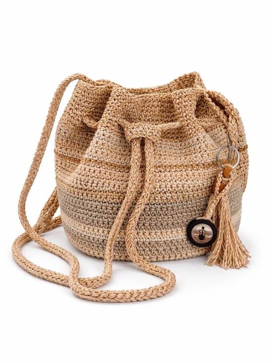 The Sak Handbags - The Sak Crochet Knit Bucket Bag Boho Crossbody Neutral Tan Drawstring Purse